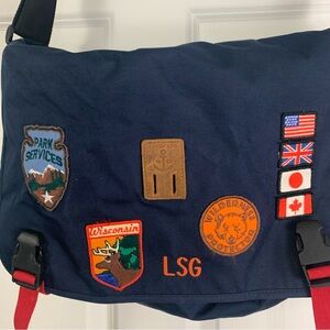 Lands’ End Kids Navy Canvas Messenger Bag Camp Wisconsin Patches Explorer Style